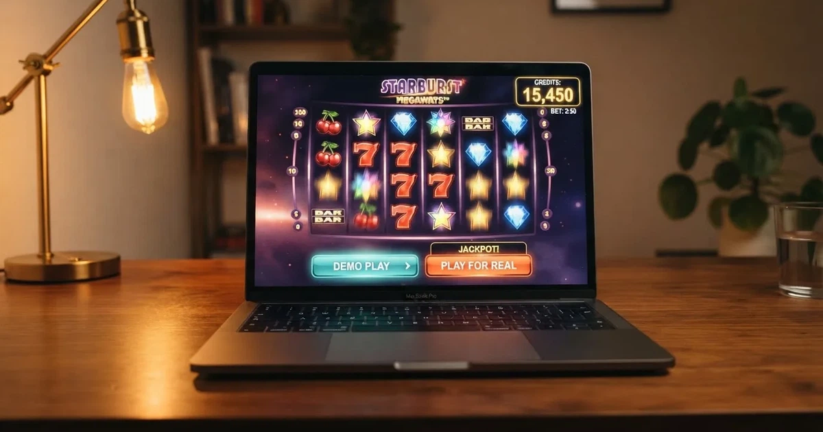 Ekran laptopa z automatem wideo w trybie demo, saldo wirtualnych kredytów w rogu i przycisk Demo obok przycisku gry na pieniądze