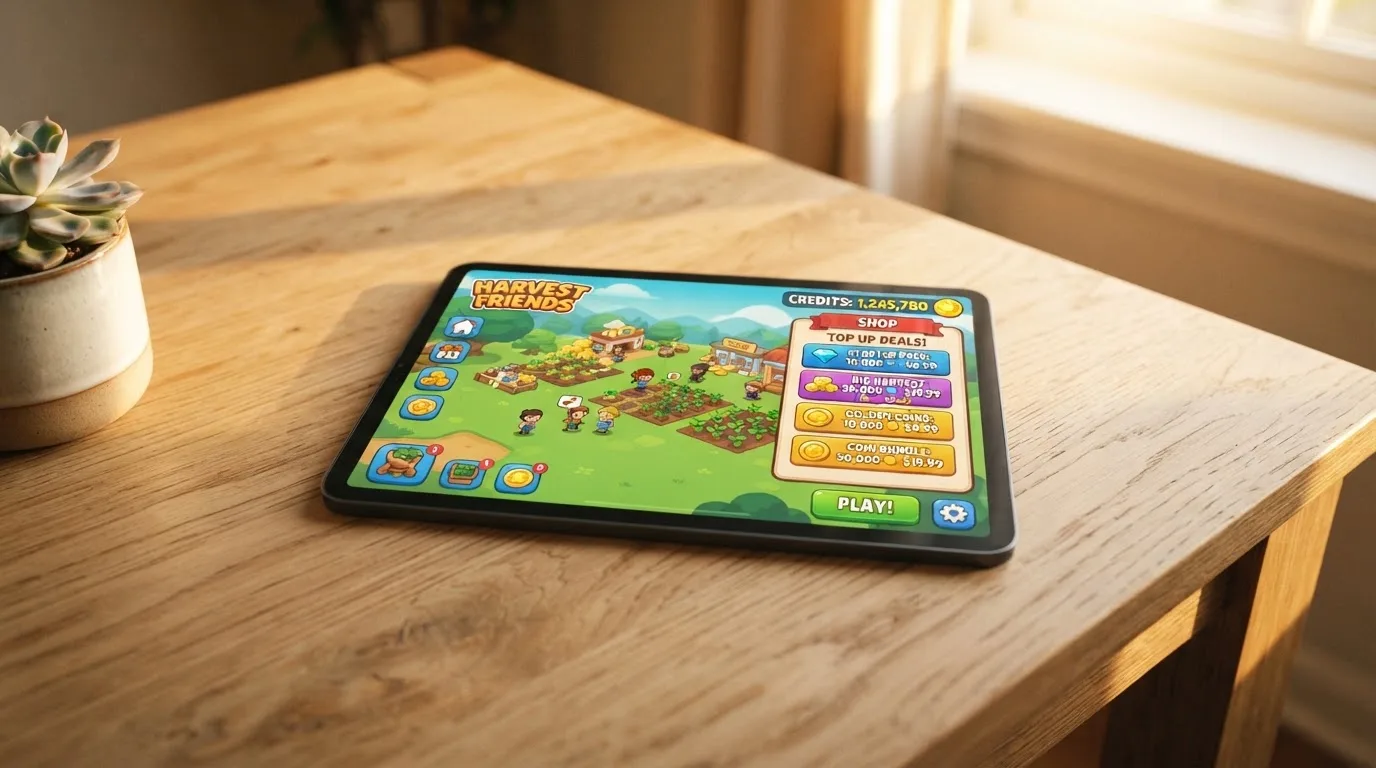 Tablet na stole z aplikacją gry towarzyskiej, na ekranie licznik wirtualnych monet i sklep z pakietami monet